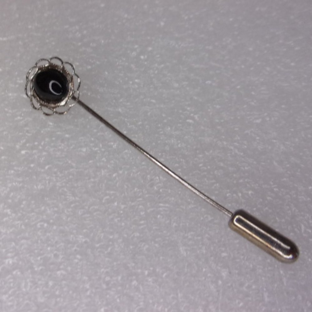 Black Cabochon Silver Tone Stick Pin 1970s